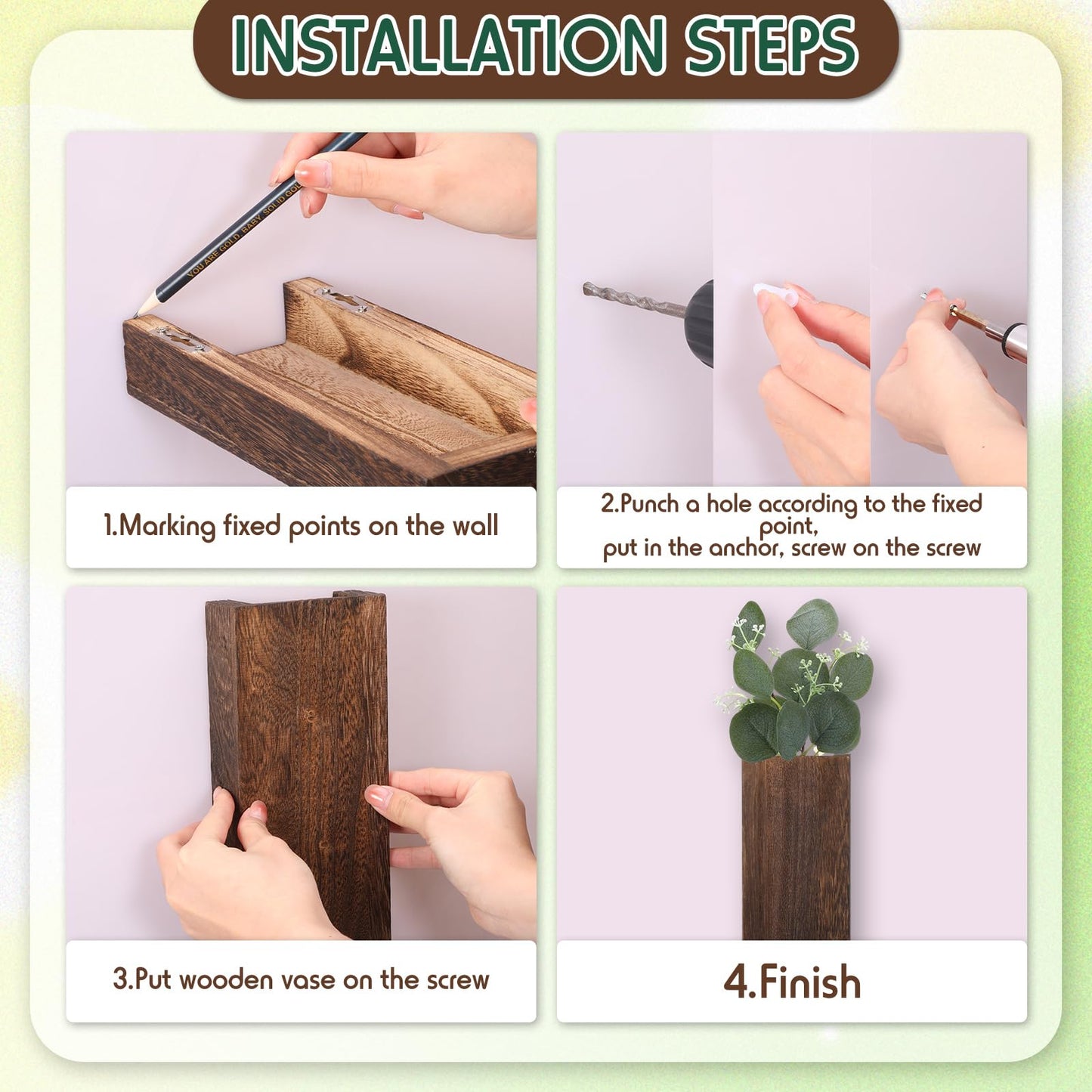 Ziliny 4 Pack Wood Wall Planter for Dried Flowers and Artificial Greenery Indoor Plants Holder, Wood Wall Decor Wooden Pocket Vase Modern Farmhouse Hanging Flowers for Living Room Bedroom Home