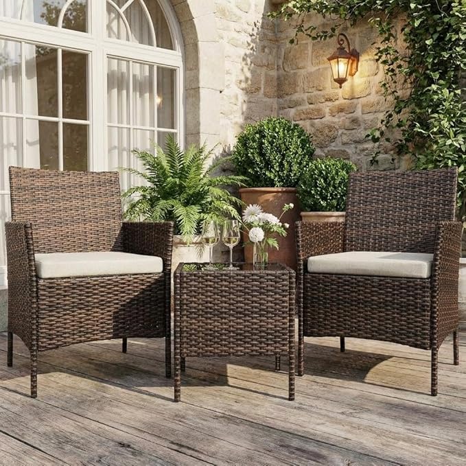 3PCS Outdoor Patio Bistro Set, PE Rattan Wicker Armchairs