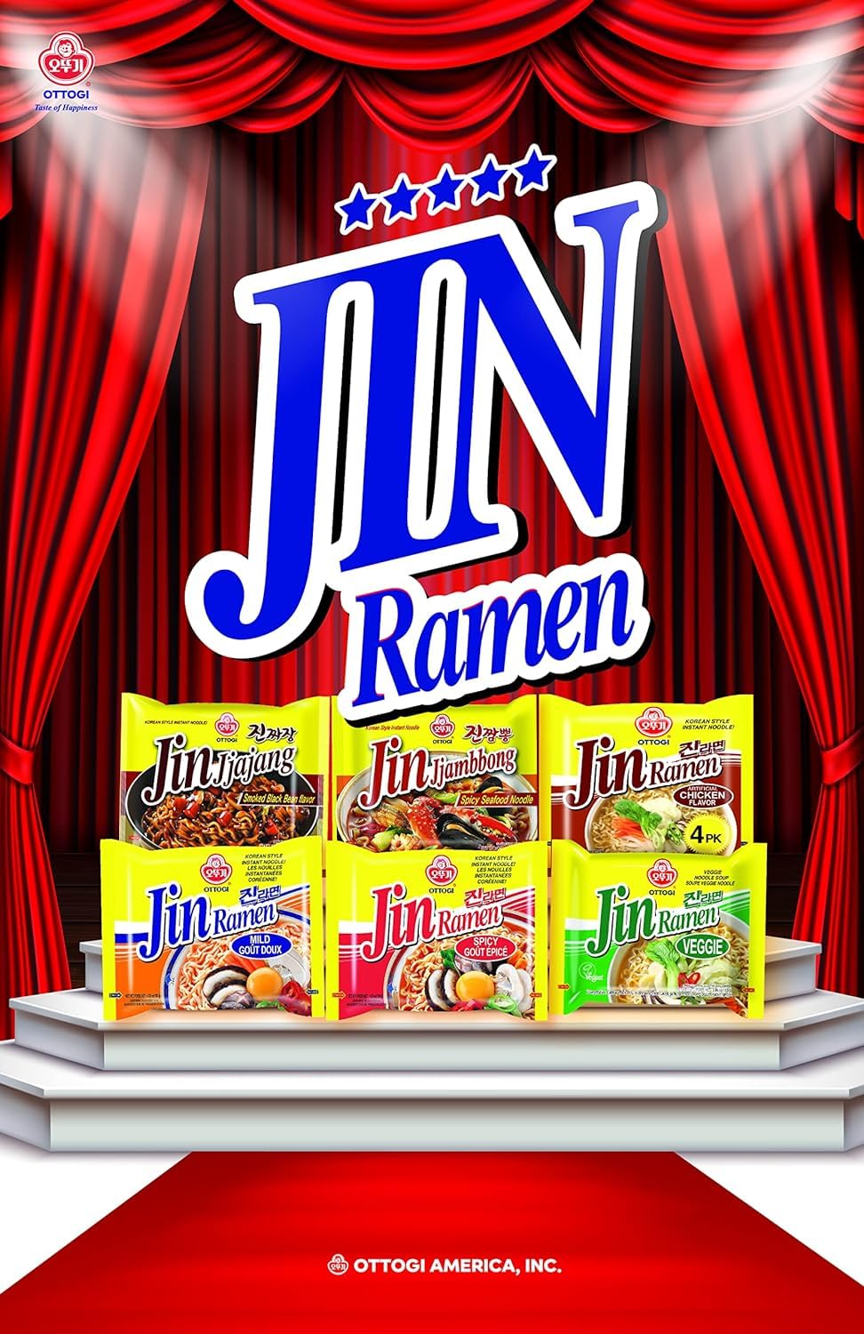 OTTOGI Jin Ramen Mild Flavor, Authentic Korean Instant Noodle, Genuine Korean Ramen Soup Mix, 4.23oz x 4 Pack