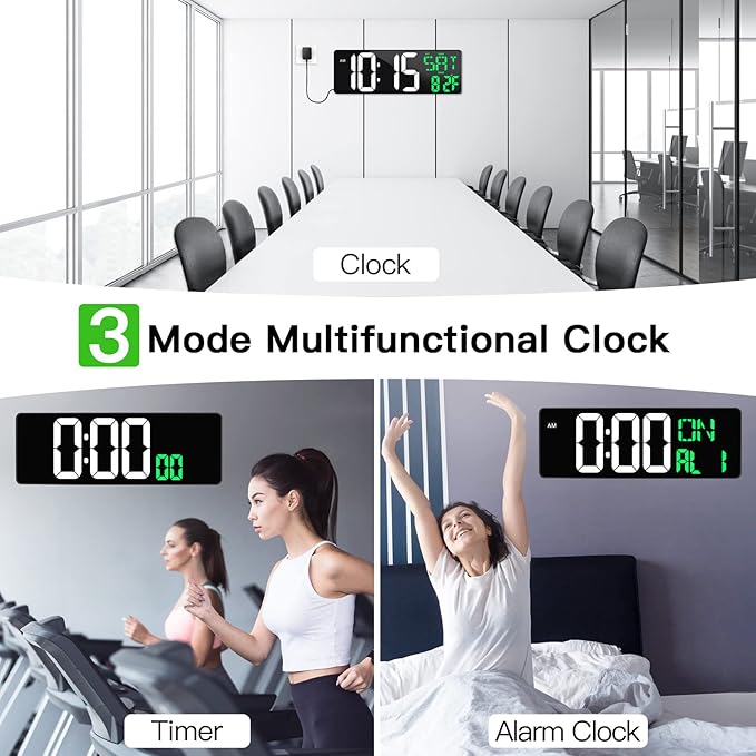 17 Inch Large Digital Wall Clock with Remote Control, Automatic Brightness Dimmer Digital Wall Clock Large Display with Day/Date/Temperature, Snooze, Count Up & Down Timer for Living Room, Office, Gym