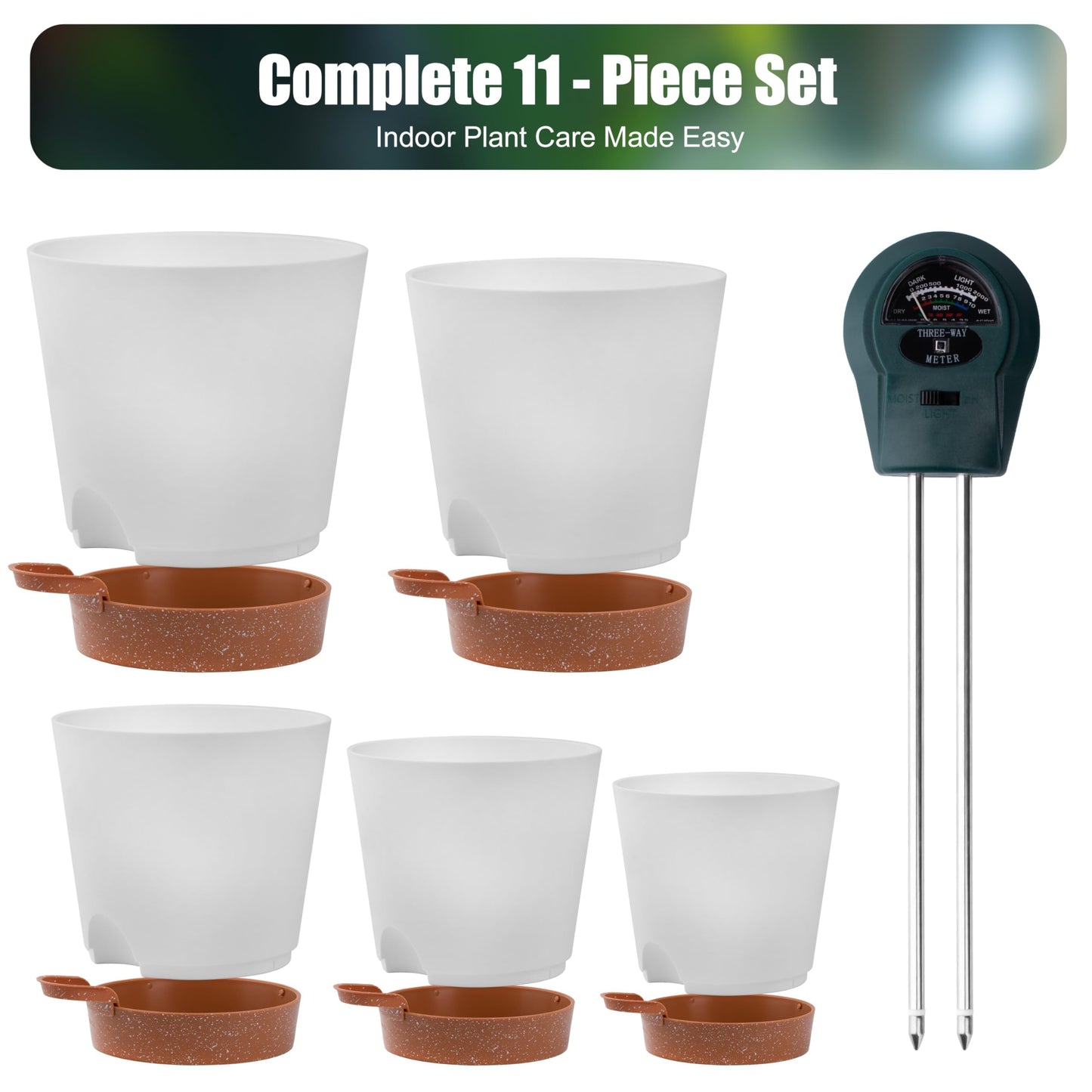 Self-Watering Plant Pots Set of 5 - 7", 6.5", 6.02", 5.55", 5.08" Draining Pots for Indoor and Outdoor plants with Drainage Holes, Soil Moisture Indicator & Saucer Reservoir - Modern White Design