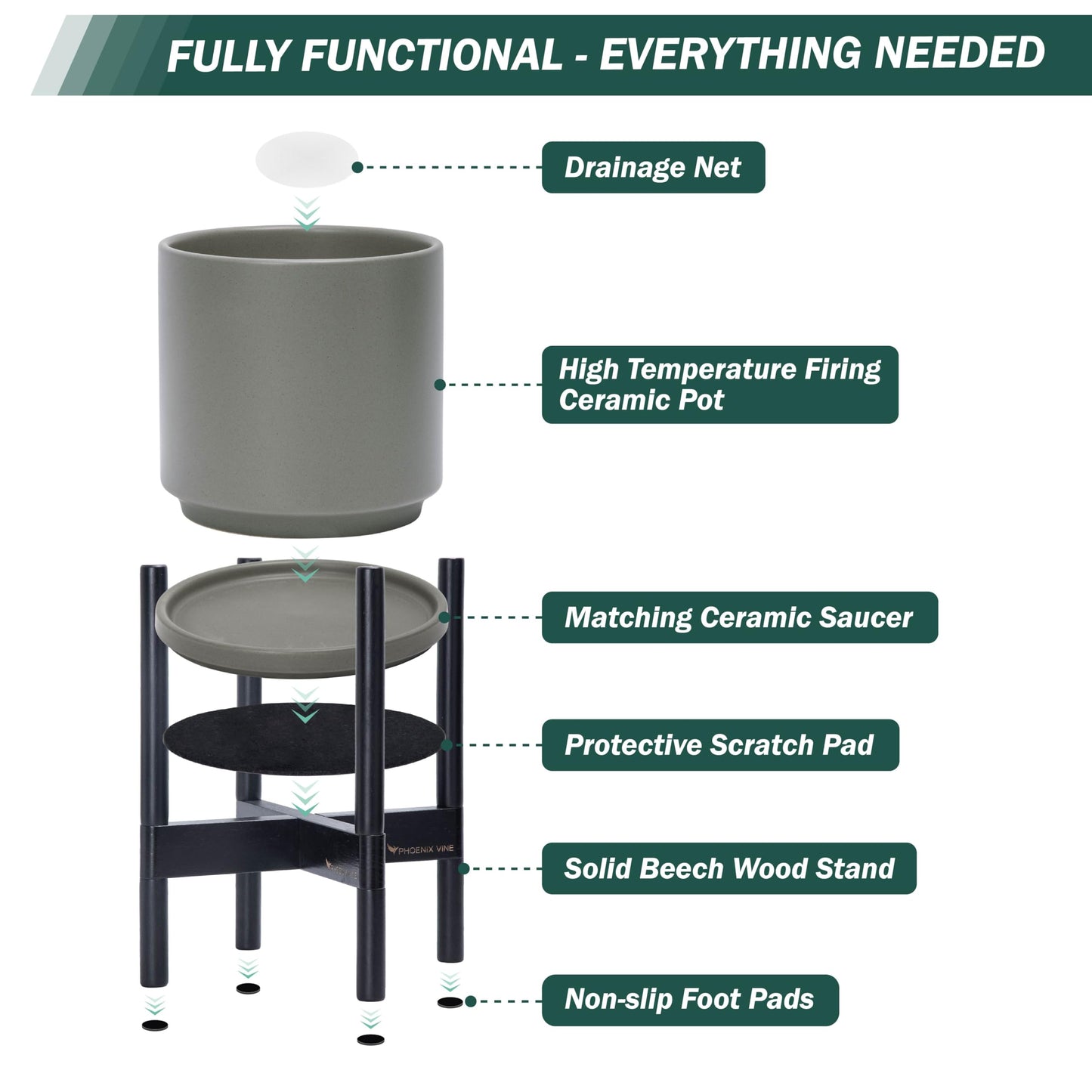D'vine Dev Ceramic Planter with Ebony Stand - 10 Inch Modern Round Flower Pot with Wood Planter Holder, Grey, 55-B-L-3
