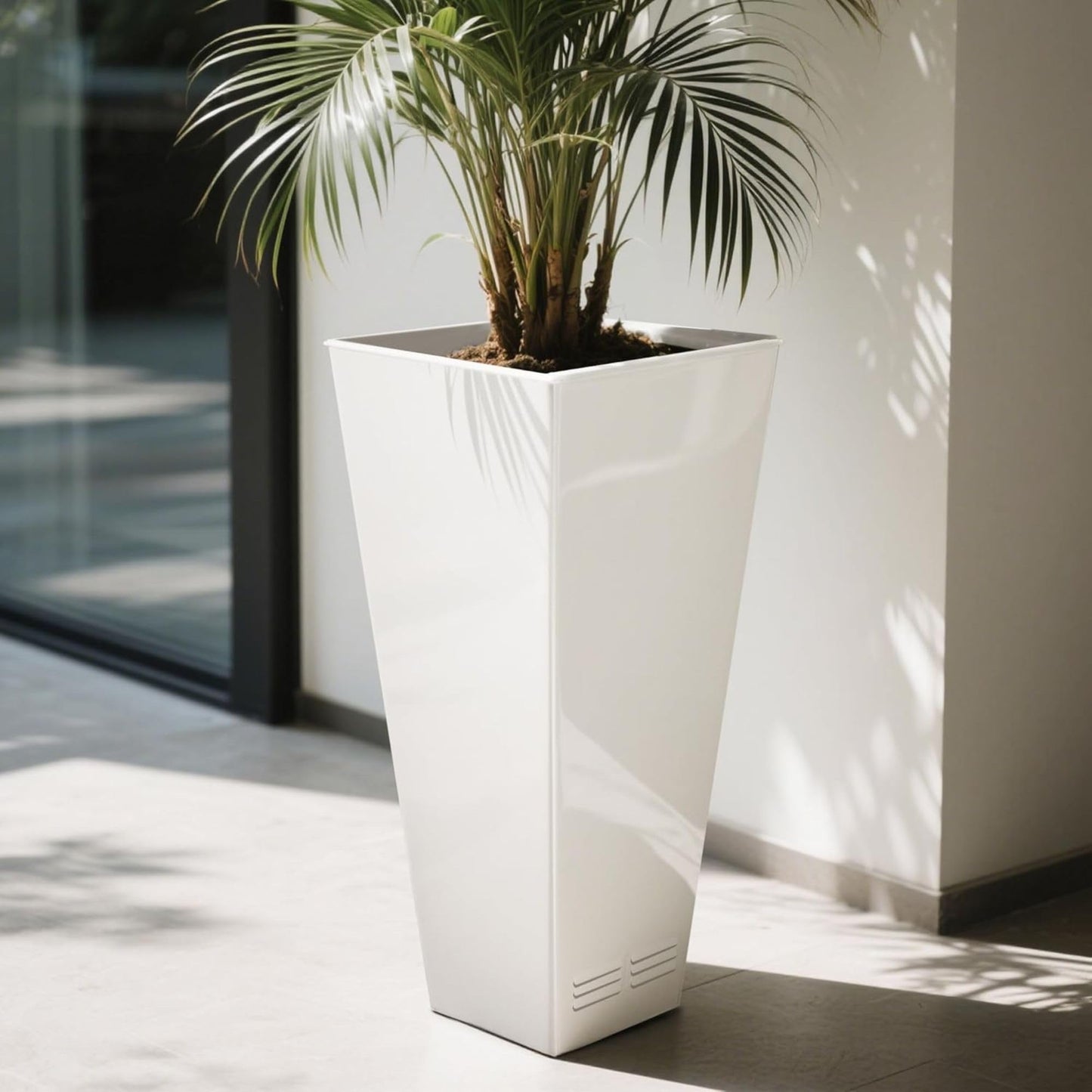 Worth 2 Pack 28" Tall Large Metal Planter, Tapered Steel Flower Pots with Insert Plate with Drain Holes & Air Vents for Indoor or Outdoor Use, White