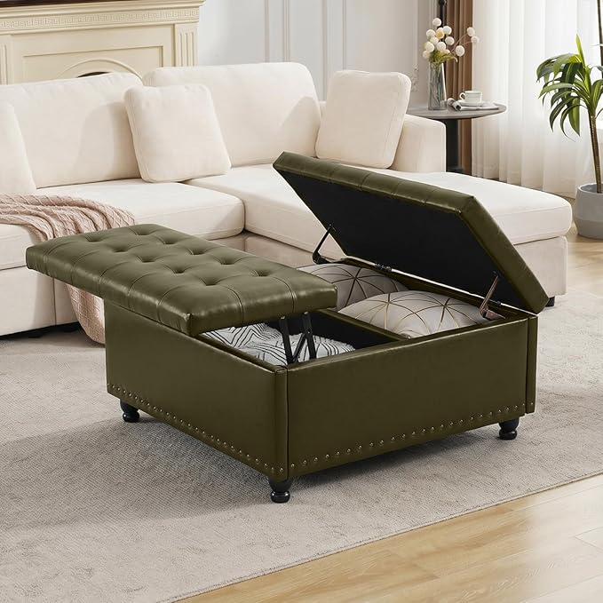 Tbfit Large Square Storage Ottoman Bench, Tufted Upholstered Coffee Table