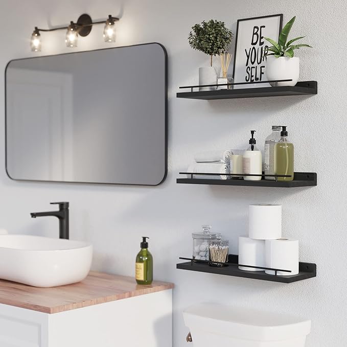 WOPITUES Floating Shelves with Black Metal Guardrail, Shelves