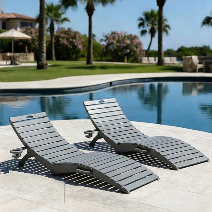 Folding HDPE Pool Lounge Chairs Set of 2, Pre-Assembled Outdoor Chaise Lounge