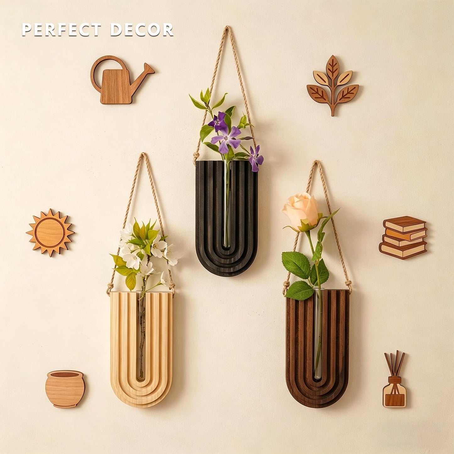 CDJZDGD Wood Wall Planter Set of 3, Propagation Station with Glass Tubes, Boho Wall Decor Hanging Vase for Dried Flowers, Farmhouse Wooden Plant Holder for Living Room Bedroom, Rainbow U-Shaped