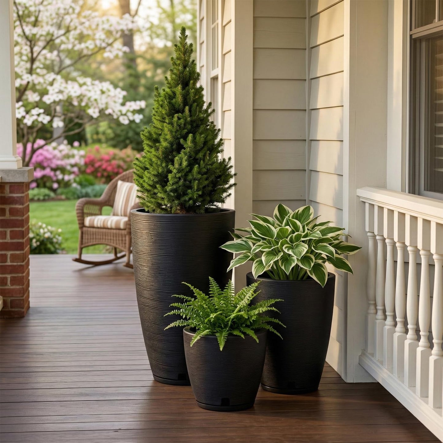Floridis Set of 3 Black Planters for Indoor Outdoor Plants, 11/17/25 Inch Plastic Plant Pots with Drainage Hole and Saucer for Patio and Front Porch