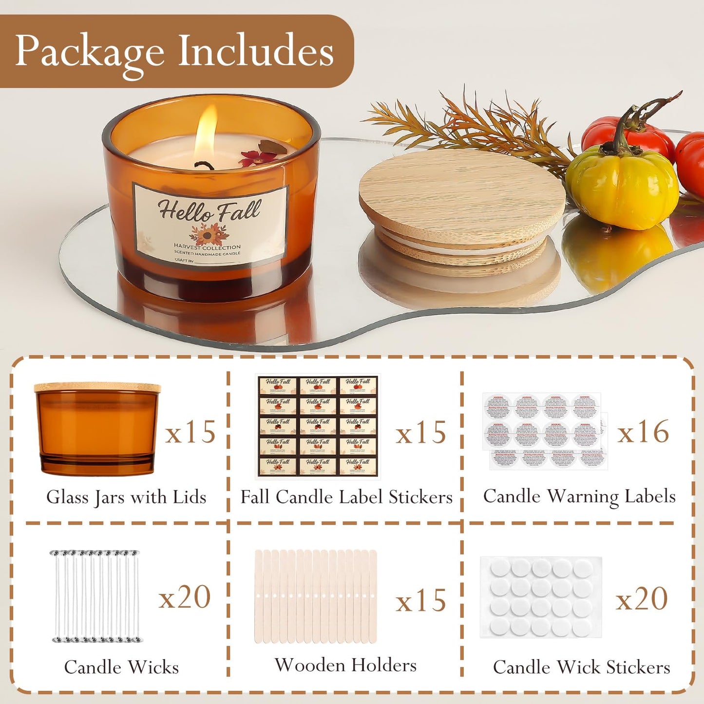 CONNOO 15 Pack 4oz Amber Glass Candle Jars with Bamboo Lids for Making Candles, Bulk Small Wide Mouth Glass Containers with Wick Kit for Candle Making, Ideal for DIY & Candle Business