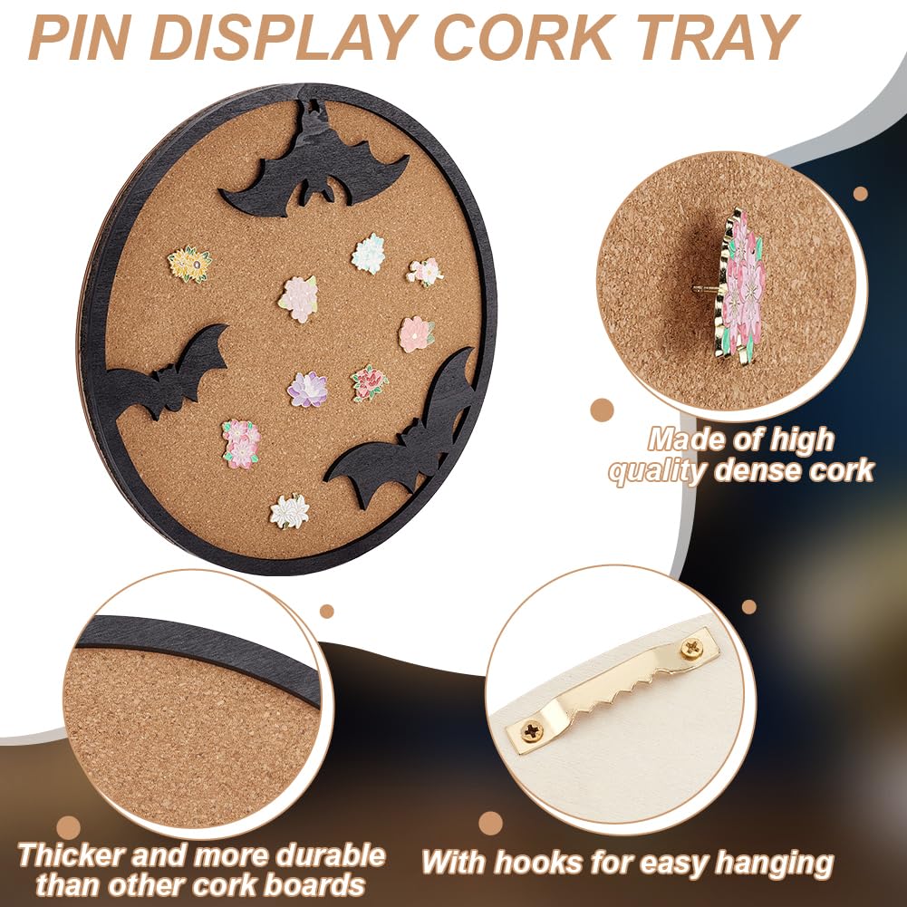 BENECREAT Round Cork Boards, Bats Pin Display Board, 11.8x0.7inch Bulletin Board Brooch Jewelry Display Cork Tray for Brooch Pin Storage, Halloween Decor