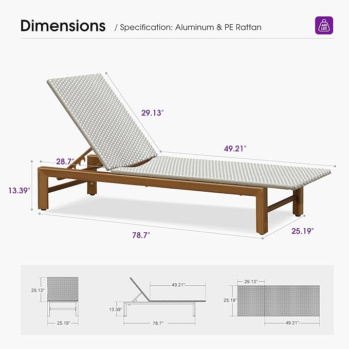 PURPLE LEAF Patio Chaise Lounge French Outdoor Lounger 1 Piece Matte Teak Grain