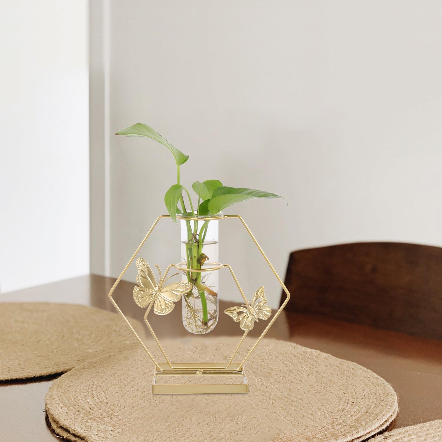 JOINPAYA Hydroponic Glass Flower Vase with Metal Hexagonal Frame, Butterfly Pattern Decorative Desktop Terrarium, Delicate Plant Holder for Home and Office Décor