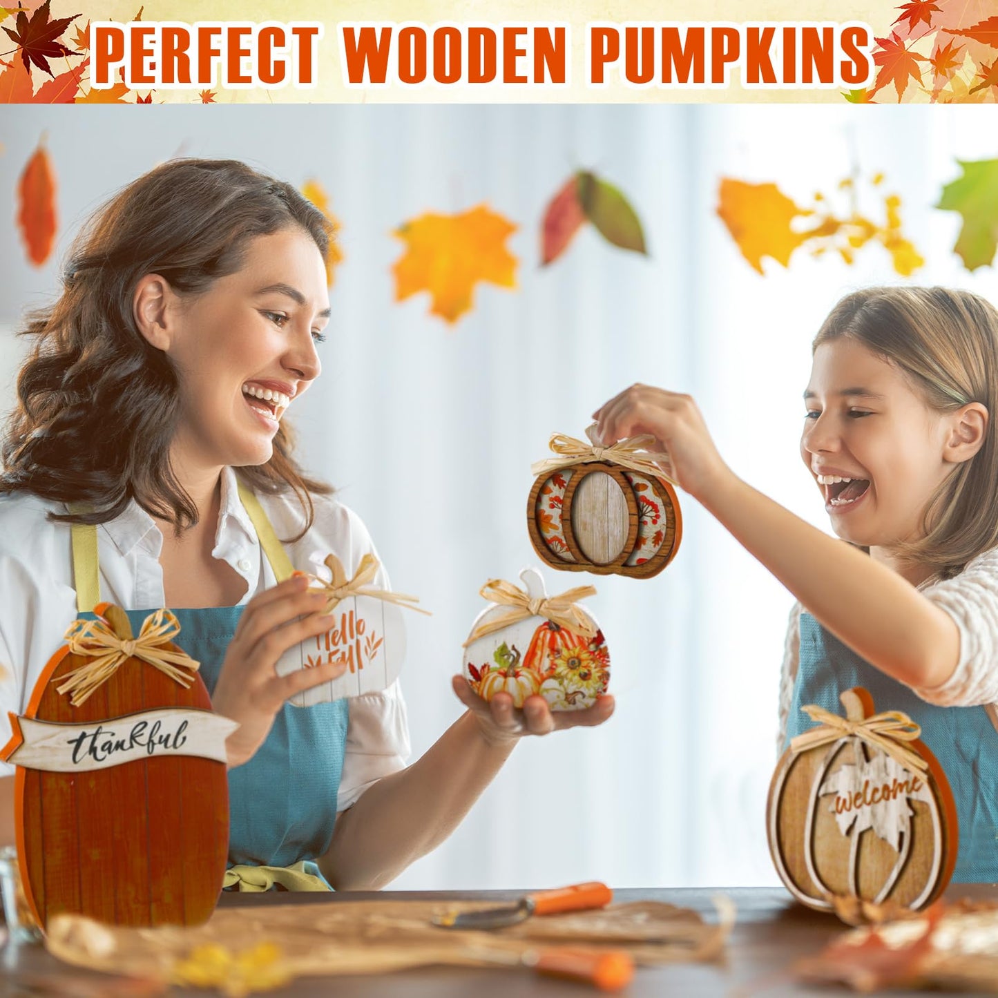 GlikCeil 5 Pcs Fall Brown Pumpkin Decor for Home Thanksgiving Wooden Table Centerpiece Decorations Fall Wooden Pumpkin Signs for Autumn Farmhouse Home Living Room Kitchen Mantle Tabletop Supplies