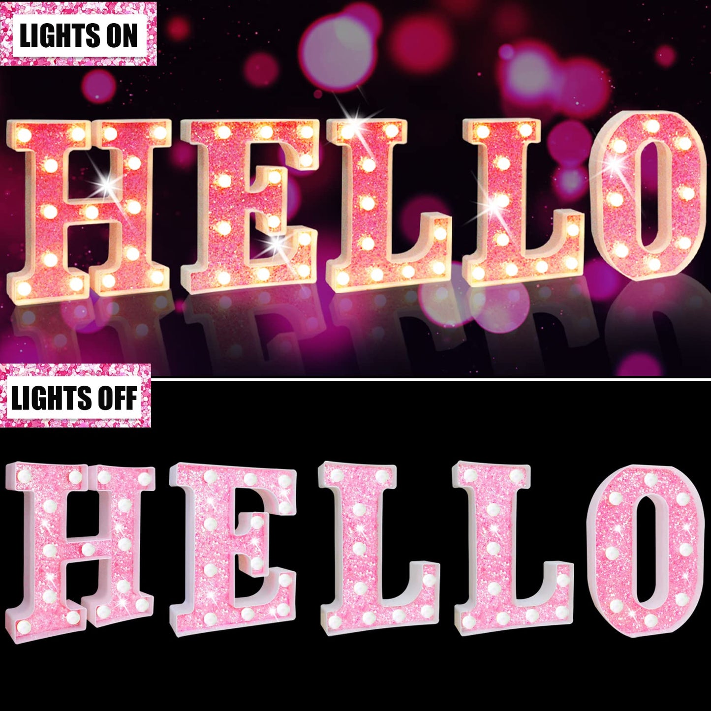 Light Up Letters, Glitter Alphabet Letter Sign Pink LED Marquee Letter Lights Battery Powered for Night Light Girls Bedroom Birthday Party Wedding Home Christmas Decorations Gift for Her-Pink K