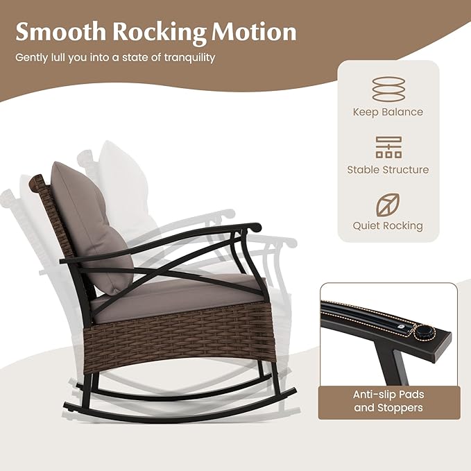 Tangkula 3 Pieces Outdoor Rocking Chairs Set, Rattan Heavy Duty Cushioned