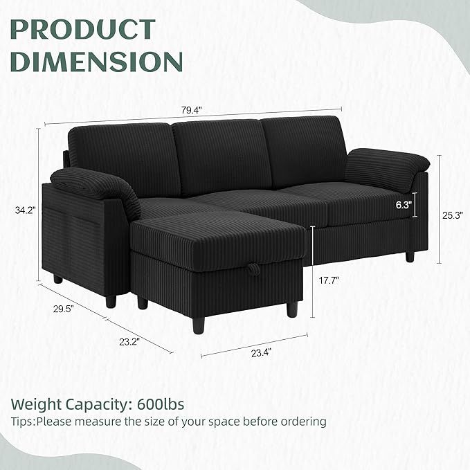 Vongrasig Convertible Sectional Couches, 3 Seat L Shaped Couch Sofa