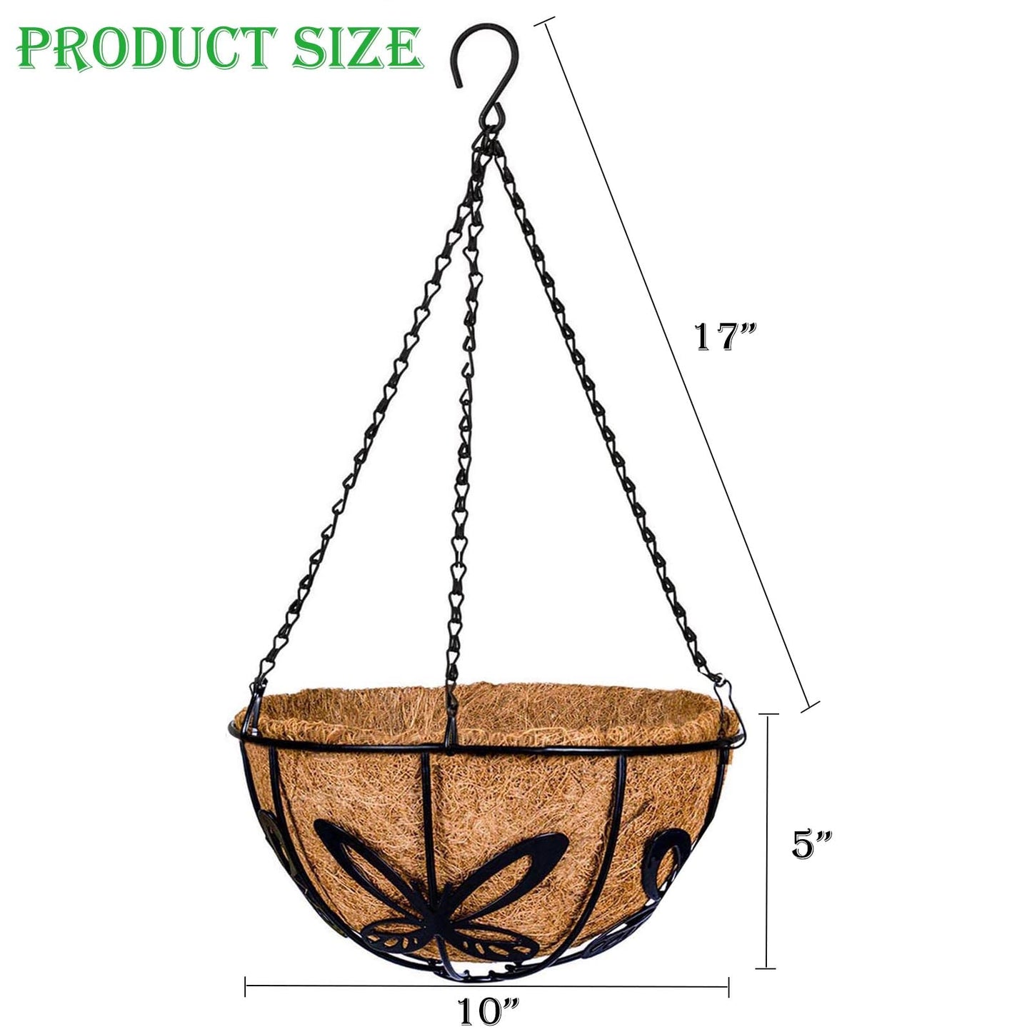 Kingbuy Metal Hanging Planter Basket with Coconut Fiber Liner Chain Wire Plant Holder 10 Inch Flower Pot for Indoor Outdoor Decor, Butterfly Pattern, 2 Pack