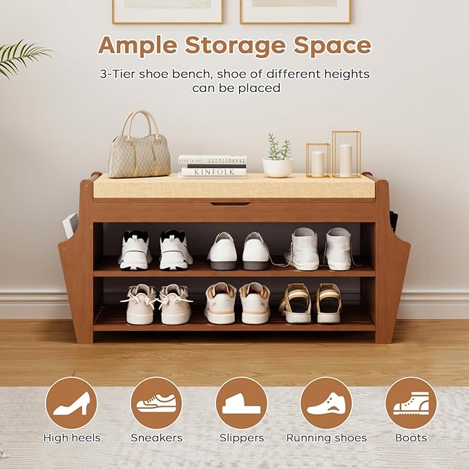 oakvivo 34.3in Shoe Bench, Bamboo 3-Tier Entryway Bench