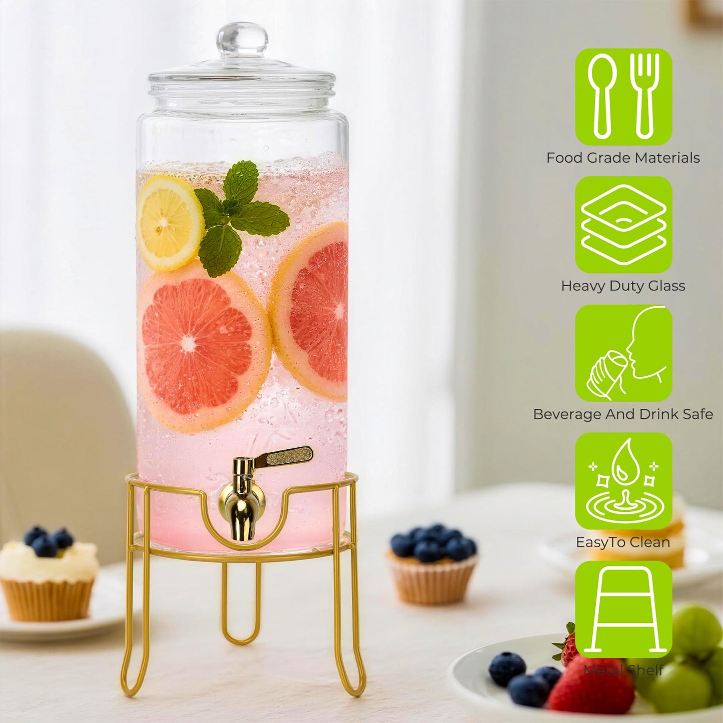 Glass Drink Dispensers For Parties, 1.5 Gallon Beverage Dispenser With Glass Airtight Lids, Gold Metal Stand And Stainless Steel Spigot. Lemonade & Juice Dispenser With Chalk board-One Pack