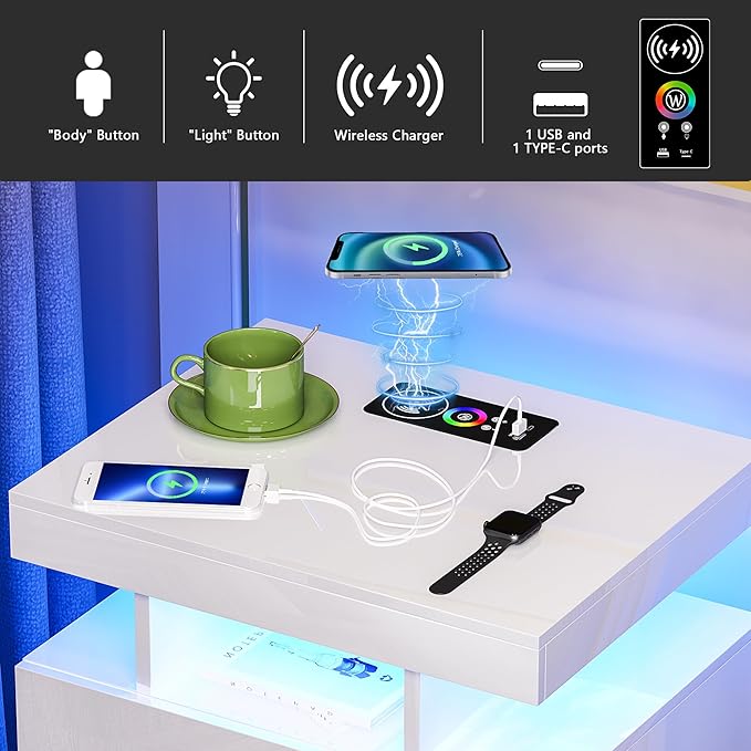 HNEBC Auto LED Nightstand with Wireless Charging Station & USB Ports, High