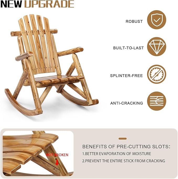 Outvita Wooden Rocking Chair, Fir Log Adirondack Rocker, Outdoor Wood Accent