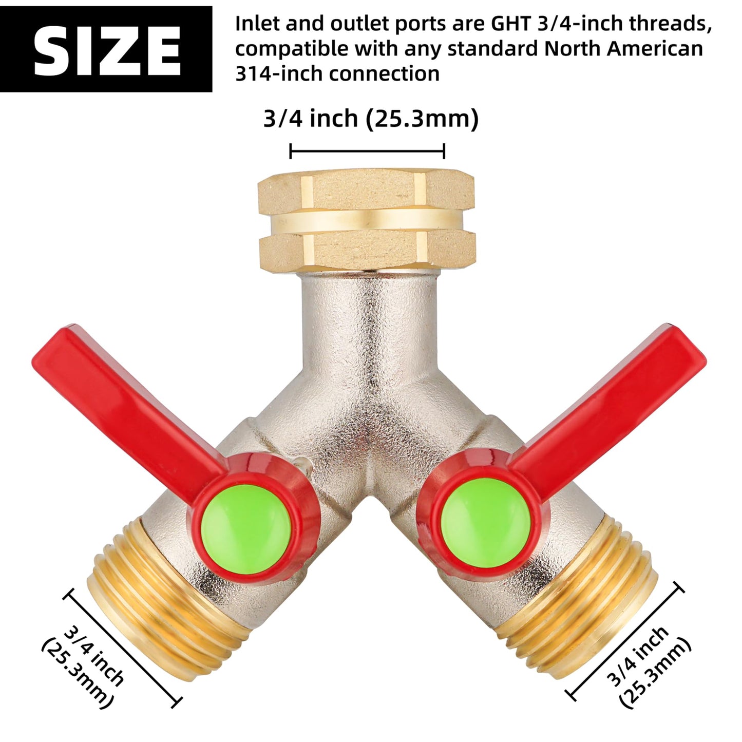 DINGBAI Hose Splitter 2 Way, High Flow Garden Hose Splitter, 3/4” Ght Inlet Brass Heavy Duty Hose Converter, Full Flow water 2 Way Faucet hose splitter, Long Handle Hose Valve Large Outlet.