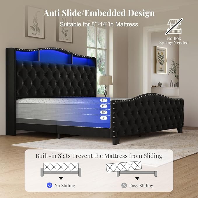 Belffin King Size Bed Frame and Headboard, 50.9" Velvet Upholstered Wingback