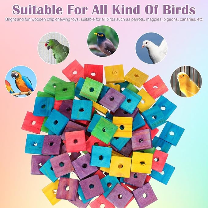 DECHOUS 100Pcs Bird Toys Wooden Blocks Parrot Toys Multicolored Natural Bird Wood Chewing Chips for Conures Parakeets Cockatiels Lovebirds African Grey Macaws Cage Fun