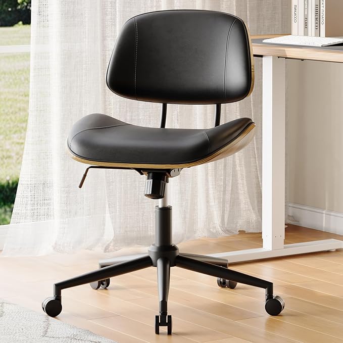 Armless Office Chair with Wheels, PU Leather Adjustable Height Desk Chair