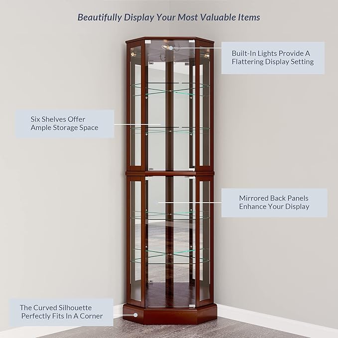 BELLEZE Lighted Corner Display Curio Cabinet, Bar and Liquor Storage Area