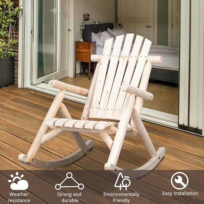 Outvita Wooden Rocking Chair, Fir Log Adirondack Rocker, Outdoor Wood Accent