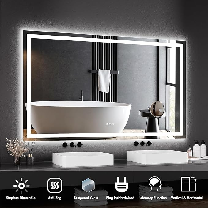 60 x 36 Inch Smart LED Bathroom Mirror，Dimmable Front + Backlit Illumination