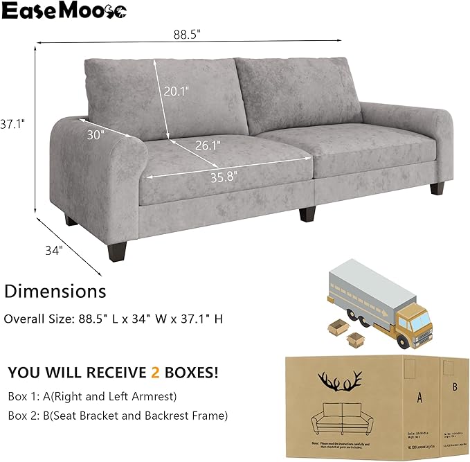 EASE MOOSE 88.5" Large Seat Velvet Loveseat Sofa, Soft Deep Seat Couches