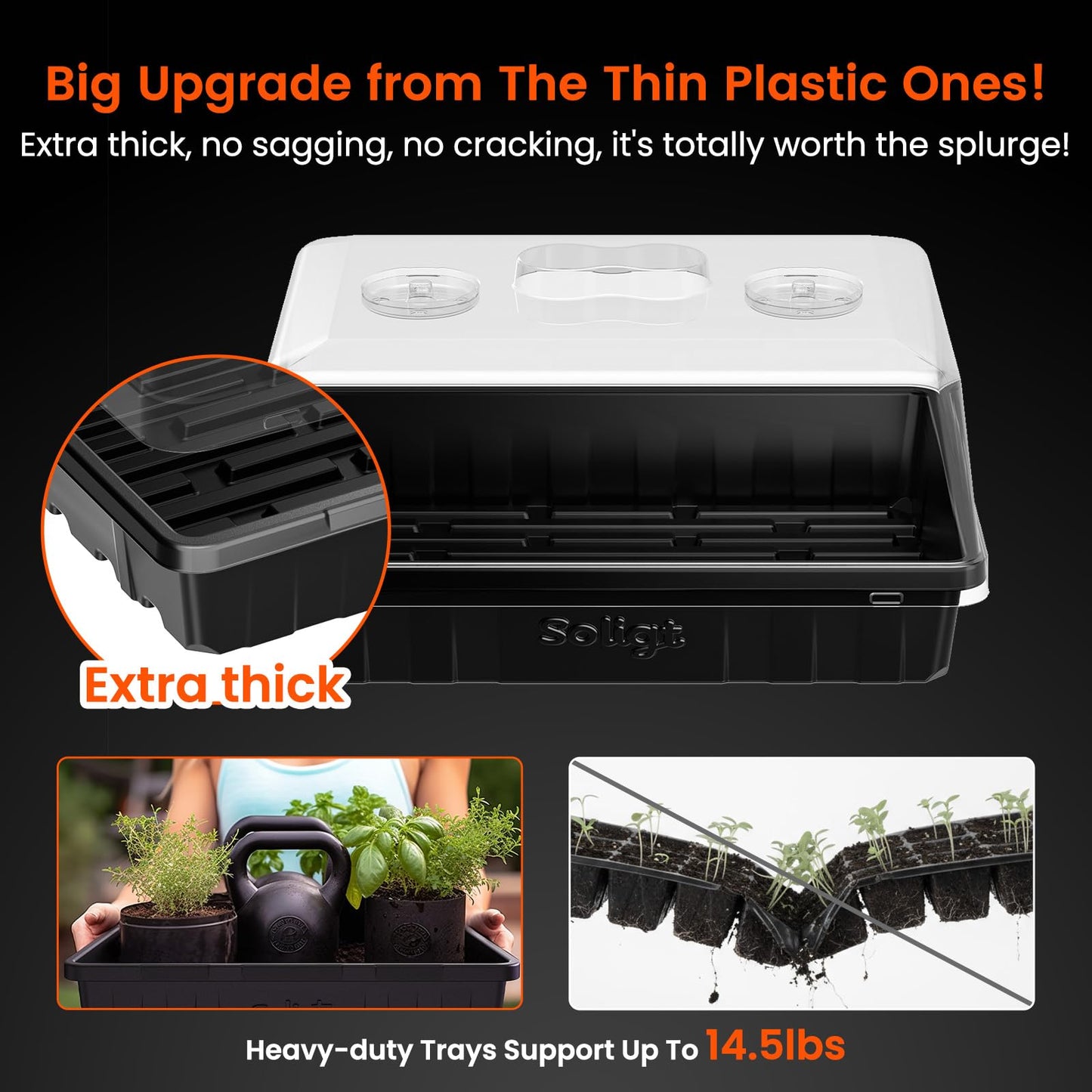 SOLIGT [Thick Plastic] 3-Set Strong Seed Starter Trays with 5" Humidity Domes for Seed Starting, Germination, Seedling Propagation & Plant Growing, Holds 144 Cells in Total