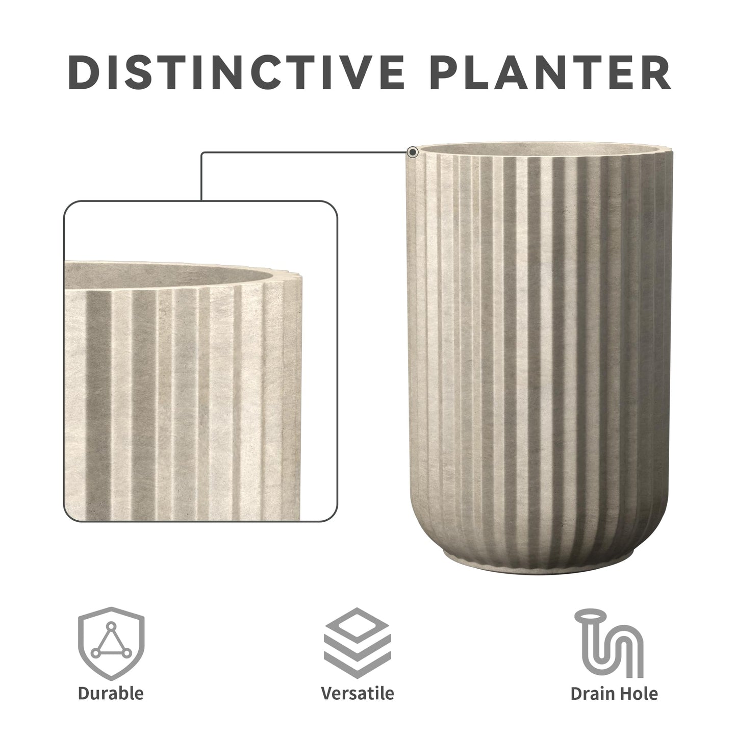 Kante Tall Fulted Planter, 21.7 Inch Tall Round Concrete Plant Pots with Drainage Hole and Rubber Plug, Modern Decor for Indoor Outdoor Plants, Flower, Weathered Concrete