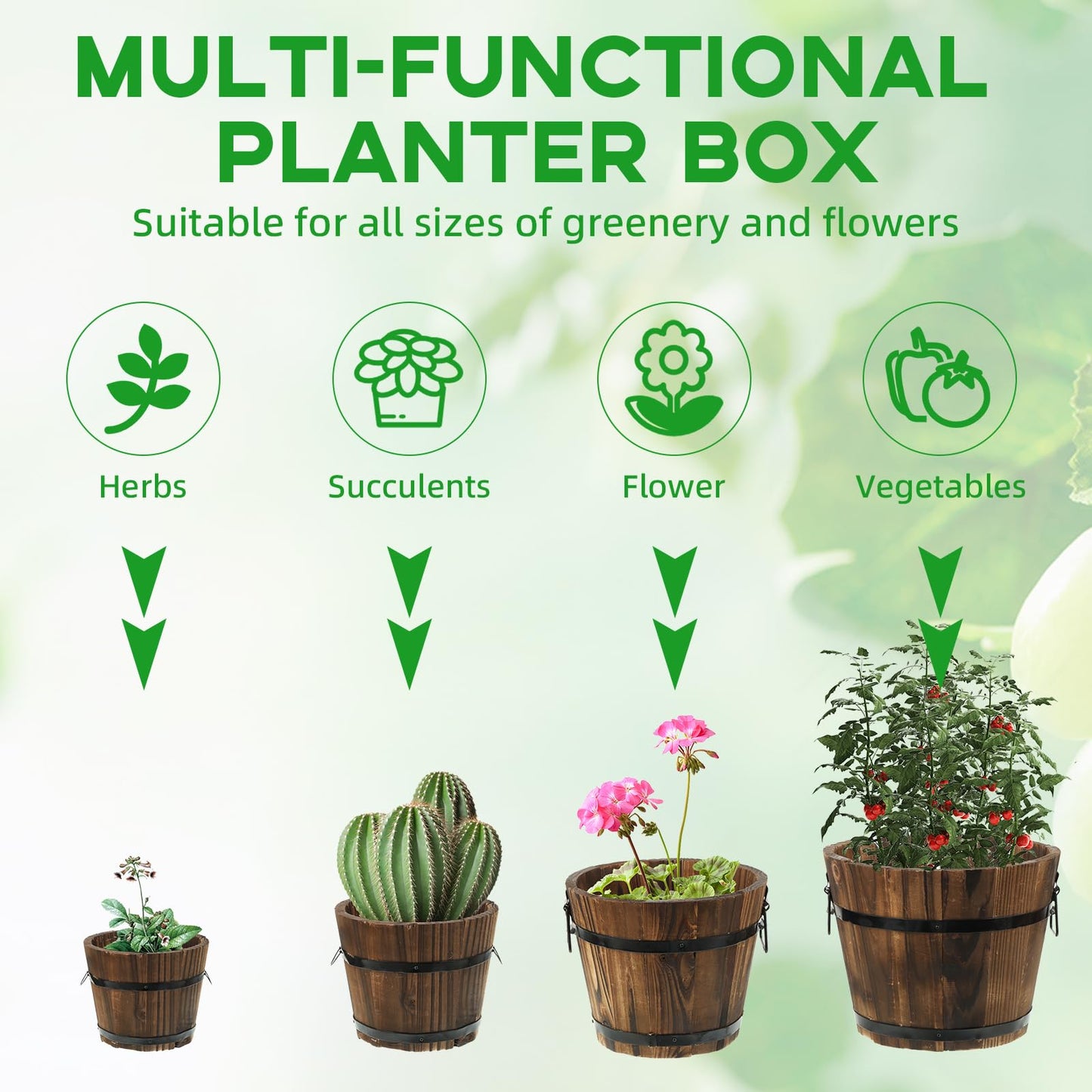 Hlimior 4 Pcs Wooden Whiskey Barrel Planters, Wooden Flower Planters Pots Boxes with Metal Handles 4 Sizes Planting Wood Buckets Christmas Tree Pot for Indoor Outdoor Garden Home Plants