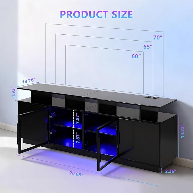 70 Inch Black TV Stand for Living Room, LED Entertainment Center for Gaming