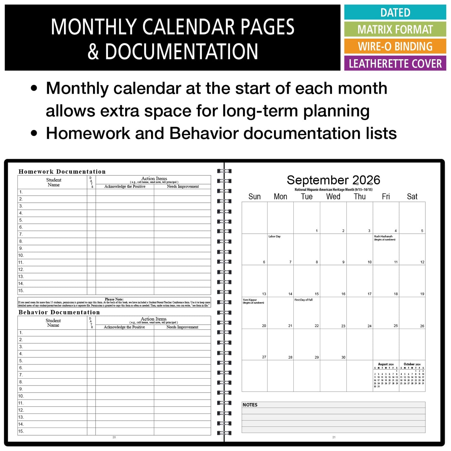 Elan Publishing Company Dated Teacher Lesson Plan 6 Period: Days Vertically Down The Side Dated for 2026-2027 Academic Year (Black)