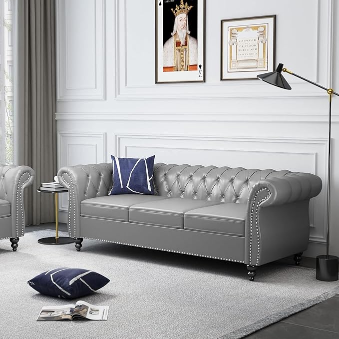 Mid-Century 3 Seater Sofa, Faux Leather Couch