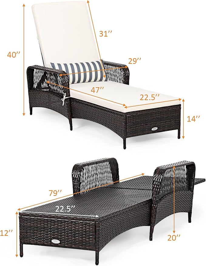 COSTWAY PE Rattan Chaise Lounge Chair, 6 Gear Adjustable Recliner