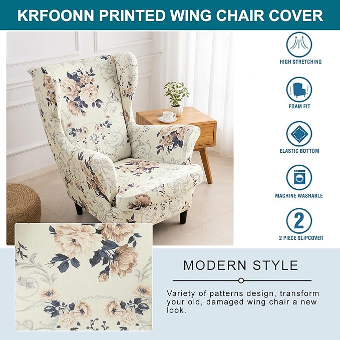 KRFOONN Velvet Wing Chair Slipcovers 2 Piece Stretch Printed Wingback Chair