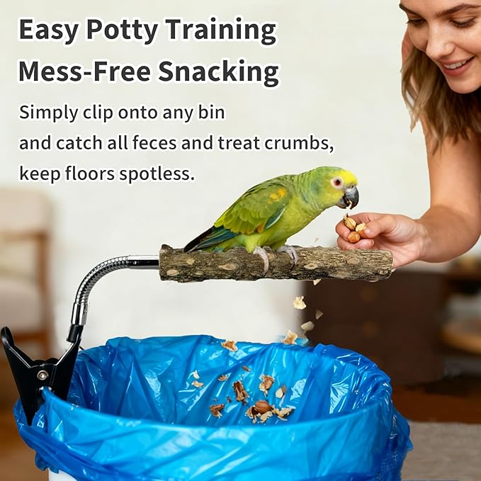 Bird Perch Stand for Trash Can, Adjustable & Portable Parrot Stand, Bendable Bird Training Perch for Cockatiels, Conures, Lovebirds and Medium & Small Parrots