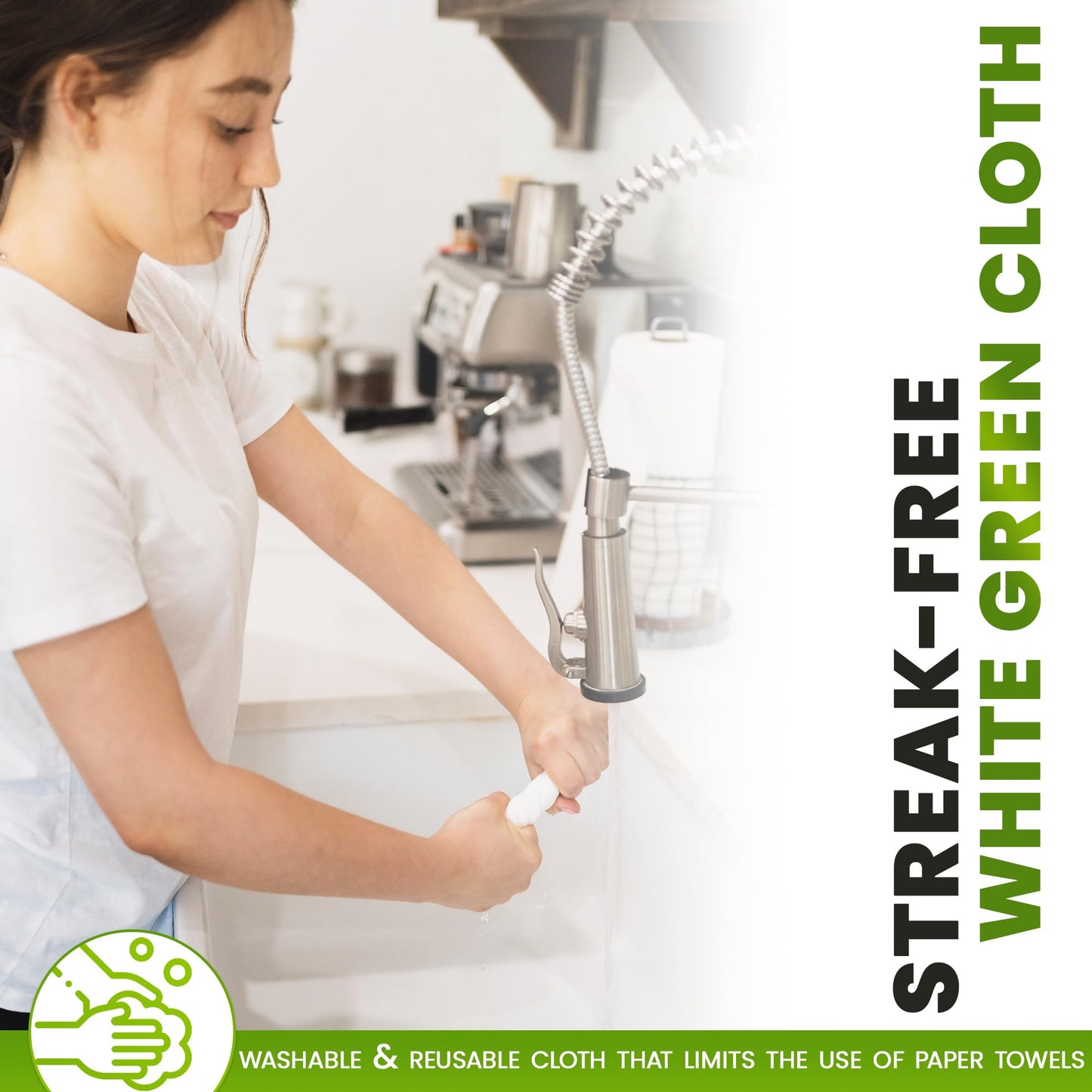The White Green Cloth 4-Pack Reusable Cleaning Cloths for Streak-Free Windows, Mirrors & All-Purpose Use – Chemical-Free, Absorbent, Non-Abrasive, 16" x 16" White Cleaning Rags, Made in The USA