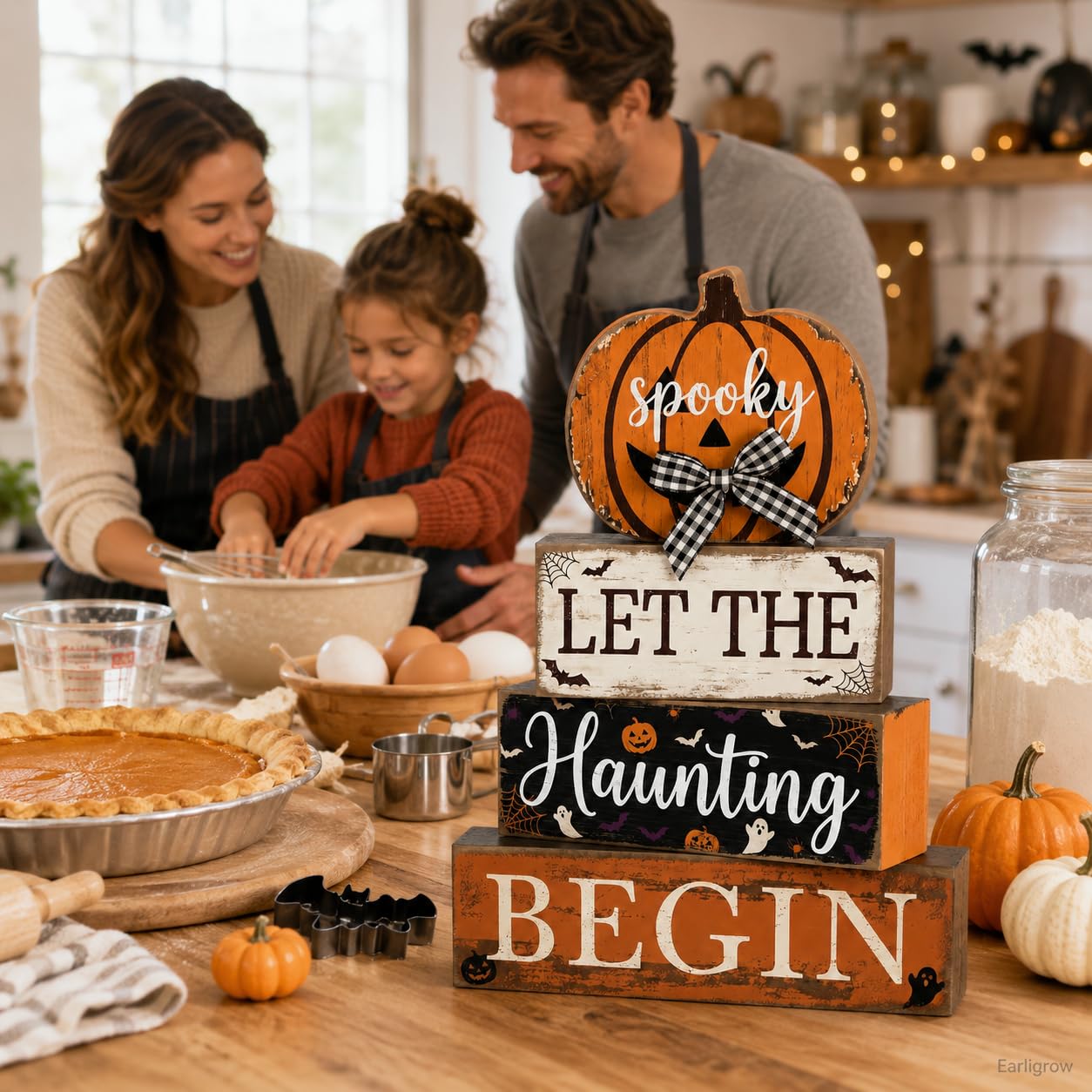4 Pcs Halloween Table Decorations Pumpkin Bow Tiered Tray Decor Farmhouse Rustic Wooden Block Signs Spooky Halloween tabletop Centerpiece for Home Kitchen Mantel Shelf