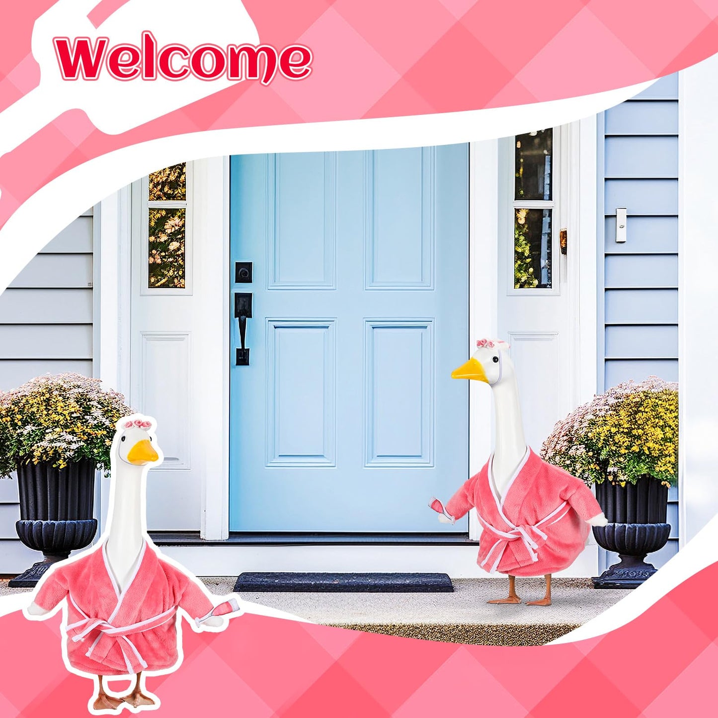 Seenelling Old Lady Porch Goose Outfits, for 23'' High Cement or Plastic Porch Goose Lawn Clothes for Garden Yard(Pink)