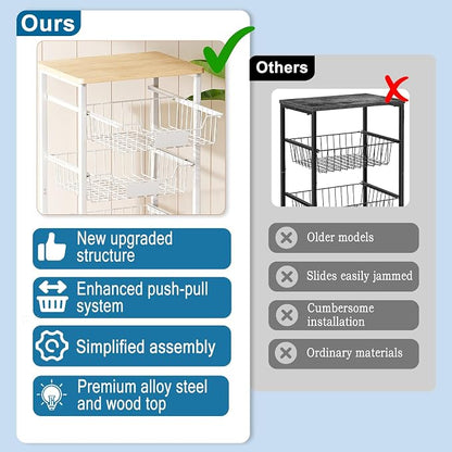 OKZEST 5-Tier Small Kitchen Storage Cart on Wheels with Pull-Out Drawers, Rolling Pantry and Snack Organizer Cart with Wood Top, Kitchen Floor Fruit Basket Stand for Fruit Potato Onion Veggie Snack