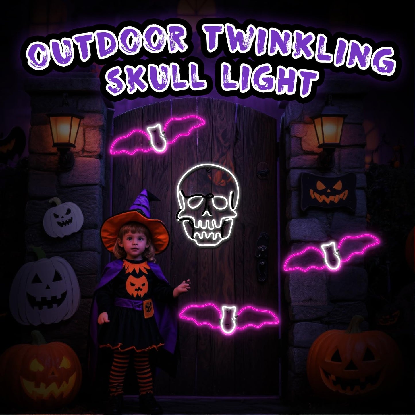 Flickering 13.5" Skull Neon Sign, 396 LED Pre-lit Skull Lights Plug in Hanging Scary Spooky Outdoor Halloween Decor for Yard, Porch, Garage, Party - Cool White　(No Constant Light)