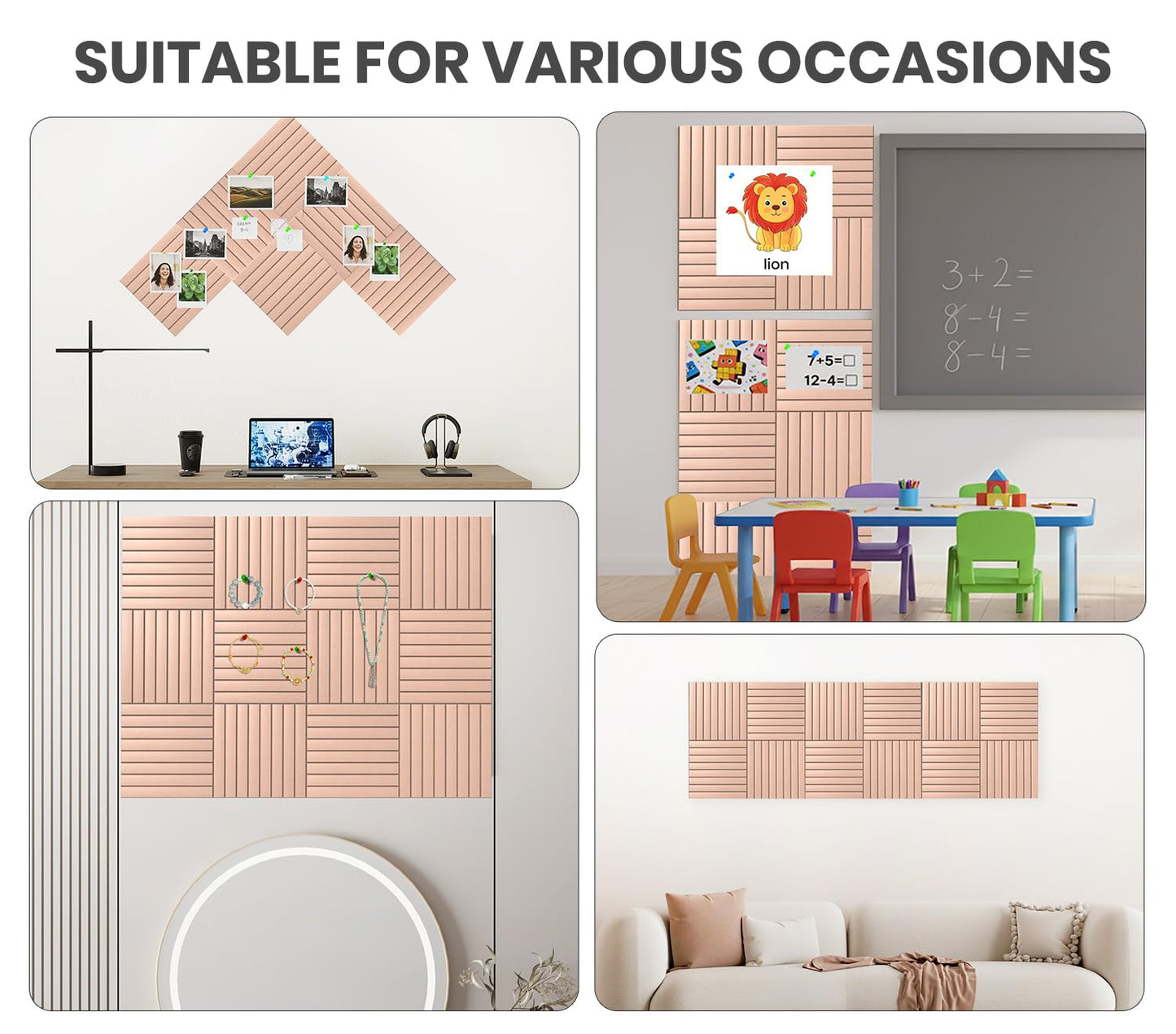 Large Cork Board Alternative 48” X 36” Felt Bulletin Board Tiles, with 30 Pushpins, 60 Adhesive Tabs,12-Pack Slat Wall Paneling, Cork Boards for Office Push Pin Board Felt Board - Pink