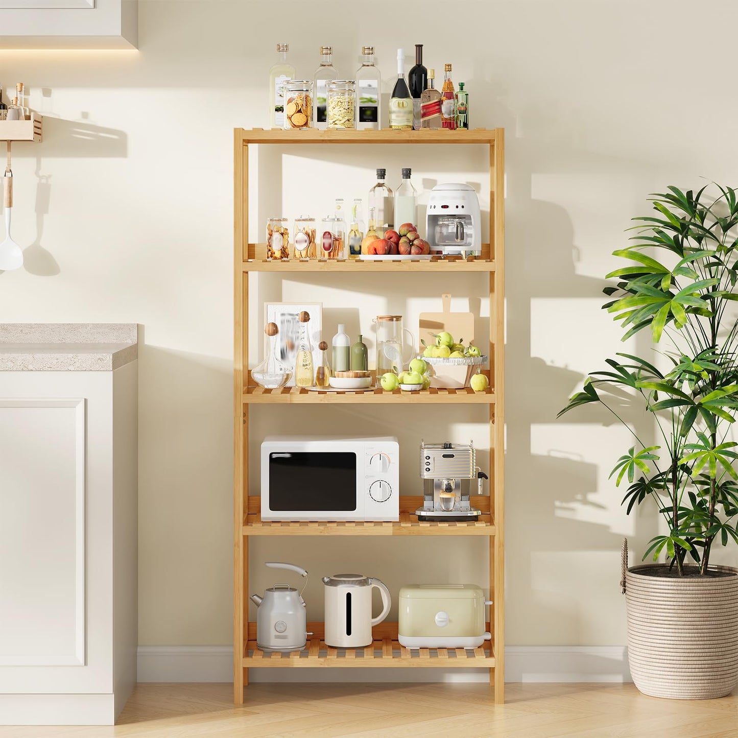 HOOBRO Bamboo Storage Shelf, 5-Tier Freestanding Shelving Unit, Multifunctional Storage Rack with Back Panel, 23.6 x 10.2 x 51.2 inches, for Bathroom, Living Room, Balcony, Kitchen, Natural YL96CJ01
