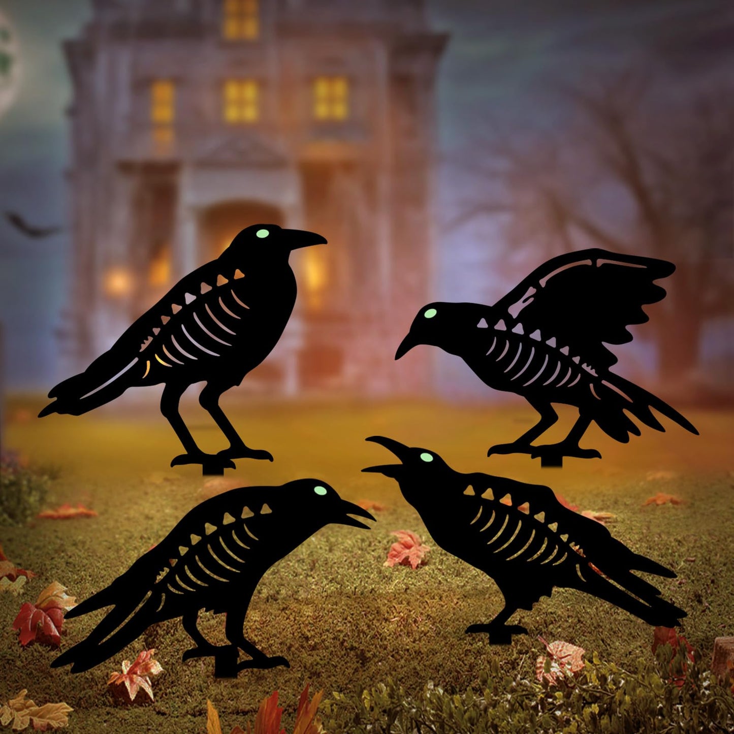 Hokfirm Halloween Black Crow Garden Stake Decor 4 Pack Scary Raven Silhouette Metal Yard Signs with Glow-in-The-Dark Eyes for Outdoor Halloween Decorations (Crow Black)